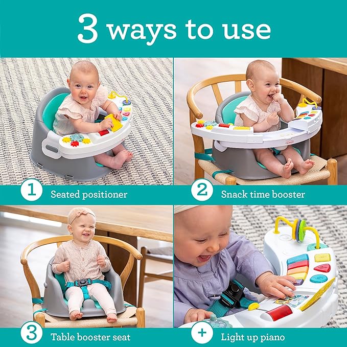Infantino Music & Lights 3-in-1 Discovery Seat & Booster, Toddler Booster Seat for Dining Table or Kitchen Chair, Baby Activity Center & Snack Tray, Teal-BubblyBeeBaby