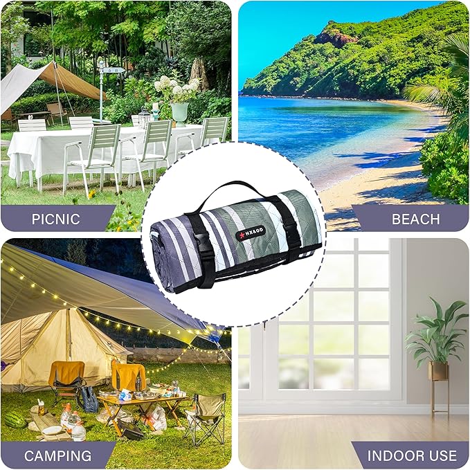 HX&OD Outdoor Picnic Blanket Extra Large, 80''*60'' Waterproof Picnic Mat with Stakes Foldable Camping Blanket Portable with Carry Strap for Beach Mat (Green& White, 80''*60'')-BubblyBeeBaby