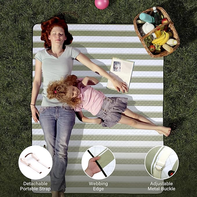 HX&OD Outdoor Picnic Blanket Extra Large, 80”x60” Waterproof Picnic Mat Foldable Camping Blanket Portable with Carry Strap for Beach Mat (Green)-BubblyBeeBaby