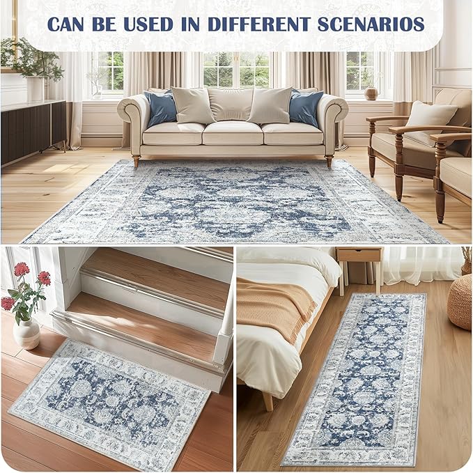 jinchan 4x6 Area Rugs for Bedroom - Machine Washable Distressed Vintage Floral Design Stain Resistant Boho Carpet Ultra-Thin Low Pile Non-Slip Rug for Living Room Dining Room Kitchen (4‘x6',Dark Blue)-BubblyBeeBaby