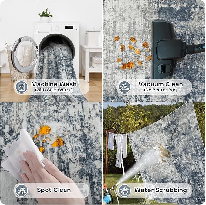 10x14 Area Rugs Large Living Room Rug Washable: Modern Abstract Rug Indoor Modern Carpet Non Slip for Dining Room Bedroom Nursery Home Office Blue/Grey-BubblyBeeBaby