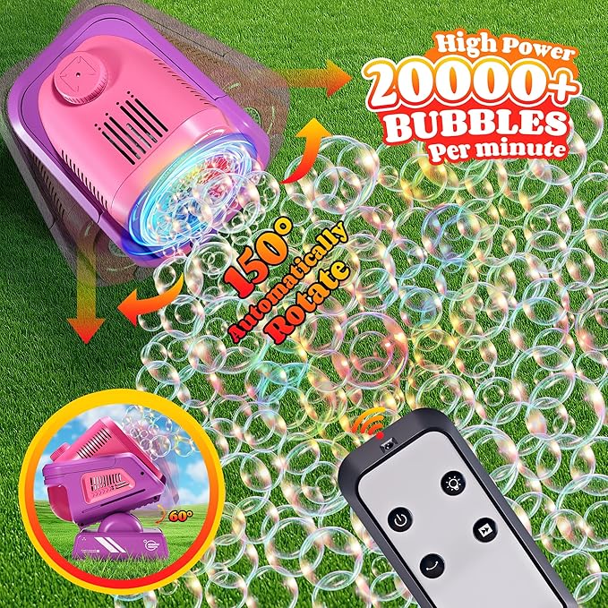 2025 Upgraded Bubble Machine with Remote Control, Automatic Rotation & RGB Lights, 1800mAh Rechargeable Battery, Type-C Charge, Bubble Maker for Kids, Weddings, Birthday Parties, Outdoor Activities-BubblyBeeBaby