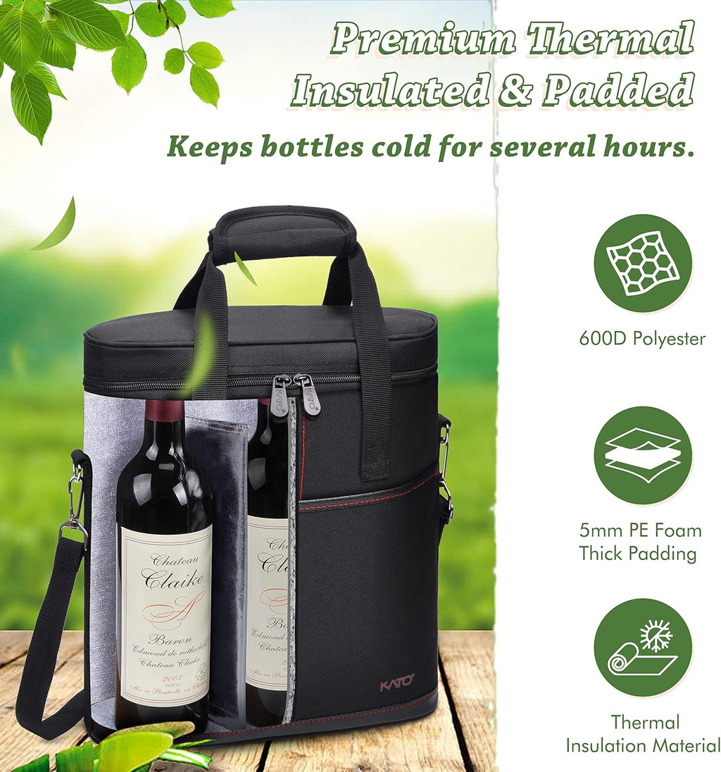 Tirrinia Insulated Wine Gift carrier - 3 Bottle Travel Padded Wine Carry Cooler Tote Bag with Handle and Adjustable Shoulder Strap, Black
