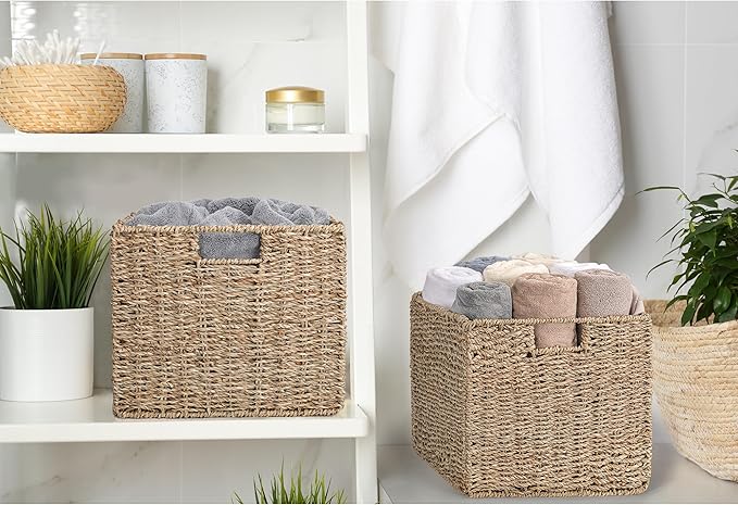 12x12x10in Seagrass Storage Baskets Set of 4, Large Wicker Storage Basket, Decorative Seagrass Shelf Basket, Pantry Baskets Organization,Folding Storage Cube Bins-BubblyBeeBaby