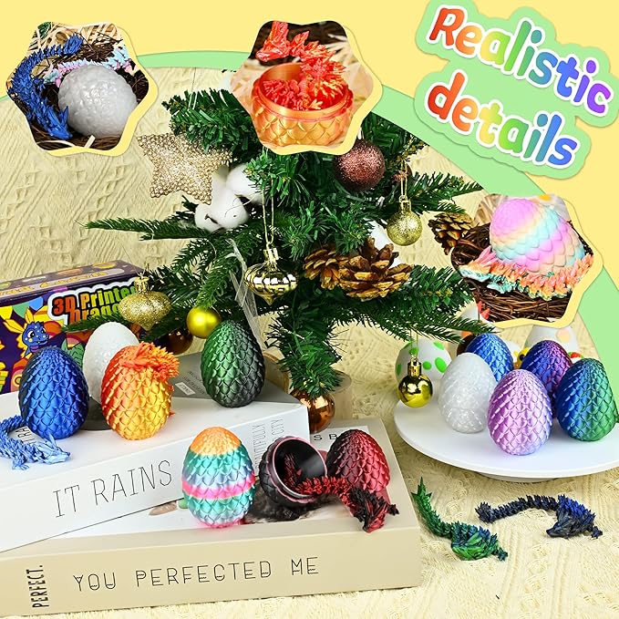 12PCS 3D Printed Dragon Eggs with Dragon Inside, Cool Stuff Fun Gifts, Mini Dragon Egg Set Articulated Crystal Dragon Fidget Toy for Adults Teens Boy Gifts Easter Basket Stuffers-BubblyBeeBaby