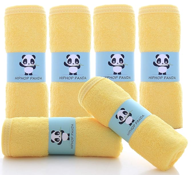 HIPHOP PANDA Baby Washcloths, Rayon Made from Bamboo - 2 Layer Ultra Soft Absorbent Newborn Bath Face Towel - Reusable Baby Wipes for Delicate Skin - Yellow, 6 Pack-BubblyBeeBaby