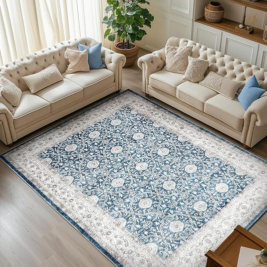 jinchan Floral 6x9 Area Rugs for Living Room - Machine Washable Vintage Distressed Boho Design Throw Rug Stain Resistant Carpet Low-Pile Thin Non-Slip for Bedroom Dining Room Nursery (6‘x9',Dark Blue)-BubblyBeeBaby