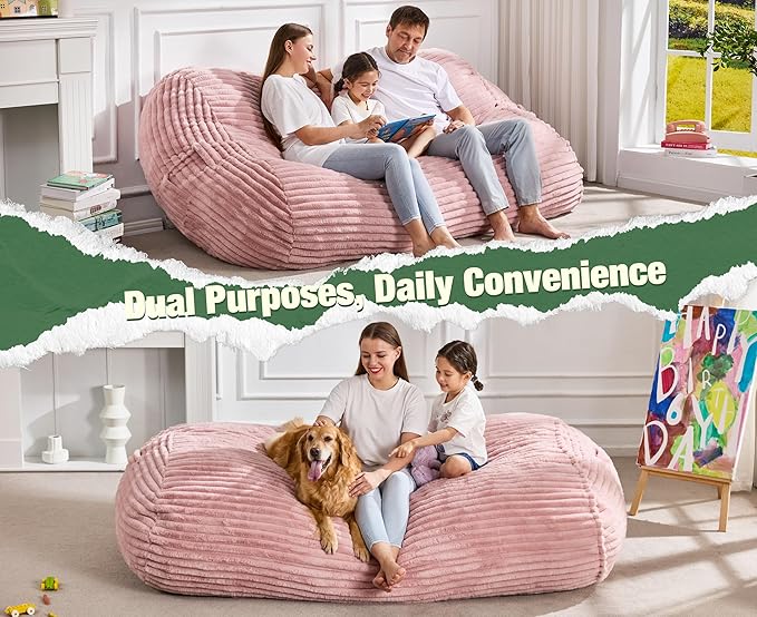 Hobestluk 6FT Bean Bag Chairs Adult Bean Bag with Portable Handle Comfy Large Bean Bag Lounge Chair with Removable Cover for Living Room Bedroom (Stripe Pink, 6FT)-BubblyBeeBaby