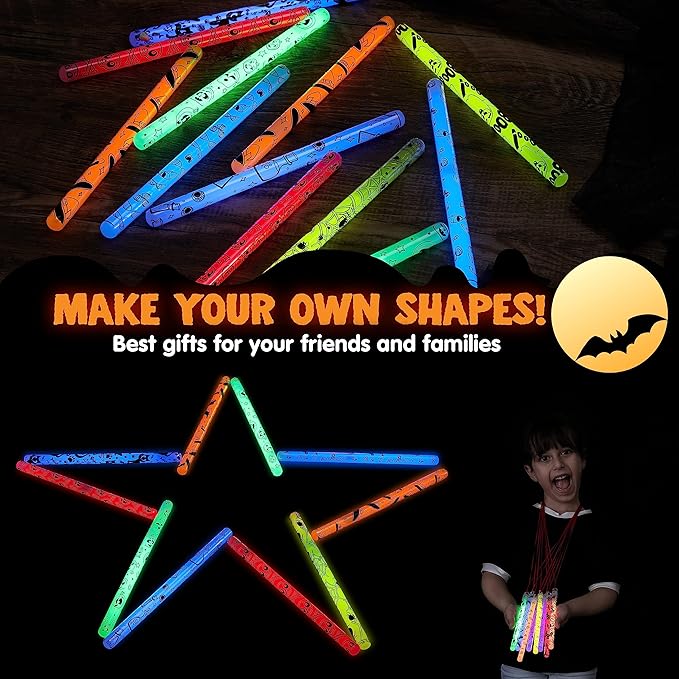 JOYIN 24 Pcs Halloween Glow Stick Hanging Wands in 8 Different Pattern Designs and 6 Colors for Kids Party Favors, Halloween Party Supplies, Glow in the Dark, Goodies Bags Fillers, Non Candy Treats-BubblyBeeBaby