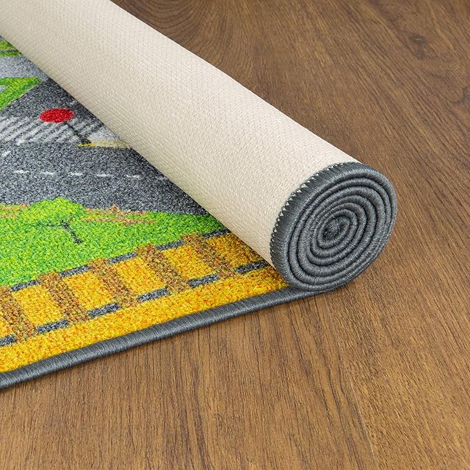 KC Cubs 8x10 Country Farm Construction Car Road Street Rug – Educational Carpet Play Mat for Kids, Toddlers Nursery, Classroom, Playroom, Baby Daycare-BubblyBeeBaby