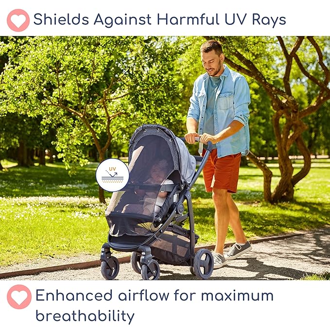 Stroller Sun Shade - Universal UV Protection Cover for Strollers Sunshade with See Through, Clip-On Sun Blocker, Sun Shield for Baby, Breathable Adjustable Fit, Full Coverage, Large-BubblyBeeBaby