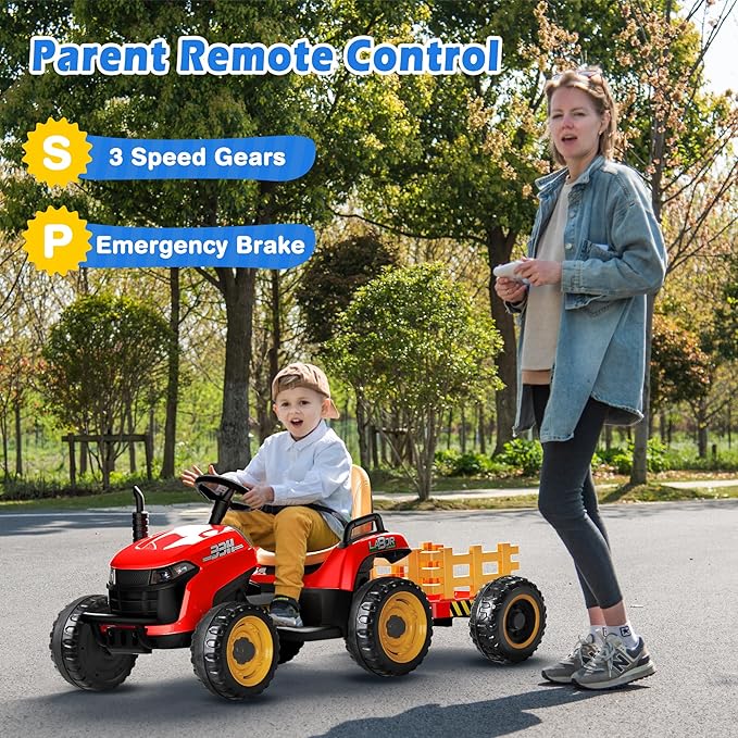 24V Ride On Tractor w/Tiltable & Detachable Trailer, 2x65W Motors, EVA Tires, Remote Control, Bluetooth, Shifter, Music, Electric Car for Kids Ages 2-5, Red-BubblyBeeBaby