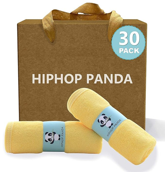 HIPHOP PANDA Baby Washcloths, Rayon Made from Bamboo - 2 Layer Ultra Soft Absorbent Newborn Bath Face Towel - Reusable Baby Wipes for Delicate Skin - Yellow, 30 Pack-BubblyBeeBaby