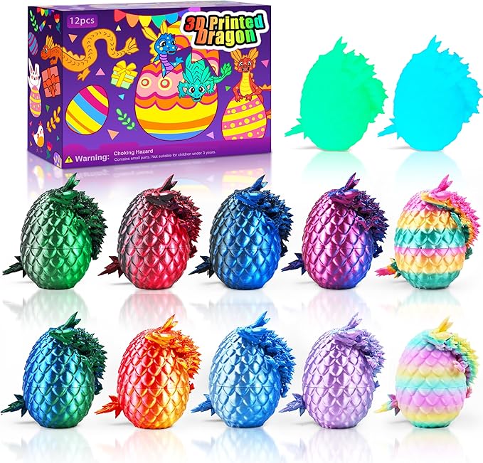 12PCS 3D Printed Dragon Eggs with Dragon Inside, Cool Stuff Fun Gifts, Mini Dragon Egg Set Articulated Crystal Dragon Fidget Toy for Adults Teens Boy Gifts Easter Basket Stuffers-BubblyBeeBaby