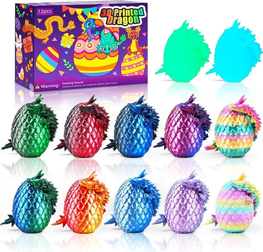 12PCS 3D Printed Dragon Eggs with Dragon Inside, Cool Stuff Fun Gifts, Mini Dragon Egg Set Articulated Crystal Dragon Fidget Toy for Adults Teens Boy Gifts Easter Basket Stuffers-BubblyBeeBaby