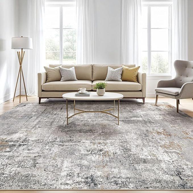 10x14 Area Rugs Living Room: Washable Large Abstract Modern Soft Rug Stain Resistant Indoor Floor Non Slip Accent Carpet for Bedroom Nursery Playroom Office Dining Room Dorm Home House- Gray Rust-BubblyBeeBaby