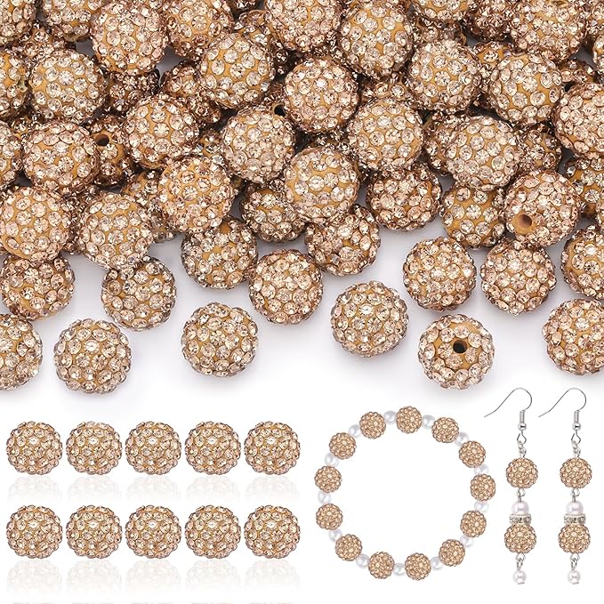 160pcs 10mm Rhinestone Beads for Jewelry Making, Light Brown Shiny Round Disco Ball Beads Bulk, Sparkle Crystal Clay Christmas for Bracelet Baseball Necklace Earring Crafting and DIY-BubblyBeeBaby