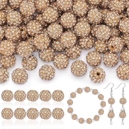 200pcs 10mm Rhinestone Beads for Jewelry Making, Light Brown Shiny Round Disco Ball Beads Bulk, Sparkle Crystal Clay Christmas for Bracelet Baseball Necklace Earring Crafting and DIY-BubblyBeeBaby
