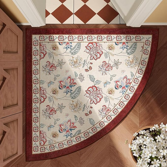 jinchan Floral Corner Rug for Entryway Washable Kitchen Rug Vintage Romance Design Non Slip Quarter Circle Lightweight Low-Pile Throw Carpet for Playroom Reading Nook Nursery, 4ft Radius, Red/Beige-BubblyBeeBaby