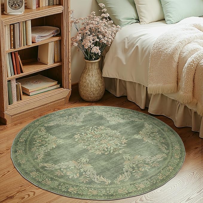 jinchan Round Rug 4ft Area Rugs Vintage Floral Distressed Design,Machine Washable Soft Non-Slip Low-Pile Ultra-Thin Circle Rug for Entryway Bedside Living Room Kitchen Nursery (4' Round,Dark Green)-BubblyBeeBaby