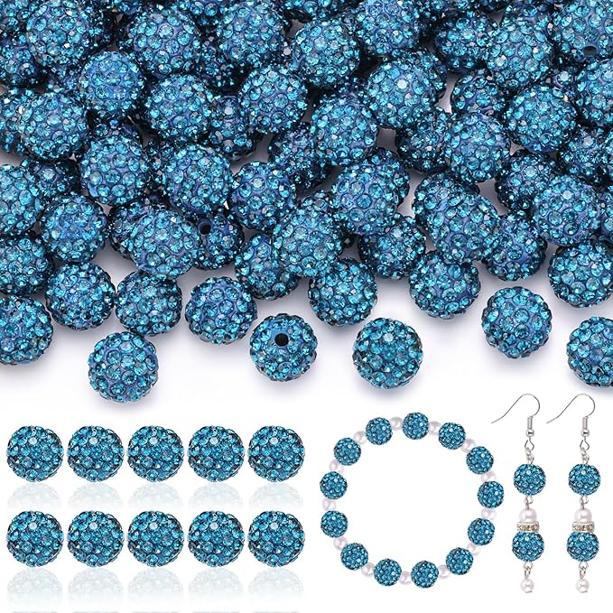 160pcs 10mm Rhinestone Beads for Jewelry Making, Blue Zircon Shiny Round Disco Ball Beads Bulk, Sparkle Crystal Clay Christmas for Bracelet Baseball Necklace Earring Crafting and DIY-BubblyBeeBaby
