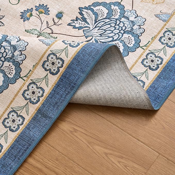 jinchan 4ft Floral Round Rug for Entryway Washable Kitchen Rug Vintage Romance Design Non Slip Indoor Doormat Lightweight Low-Profile Throw Carpet for Living Room Dining Room Bedroom, Blue/Beige-BubblyBeeBaby