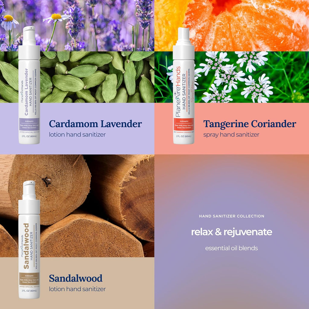 Relax & Rejuvenate Variety 3pk Hand Sanitizer | Cardamom Lavender Lotion, Tangerine Coriander Spray, Sandalwood Lotion | Travel Size | Made with Aloe Vera & Essential Oils | Rich in Vitamin E