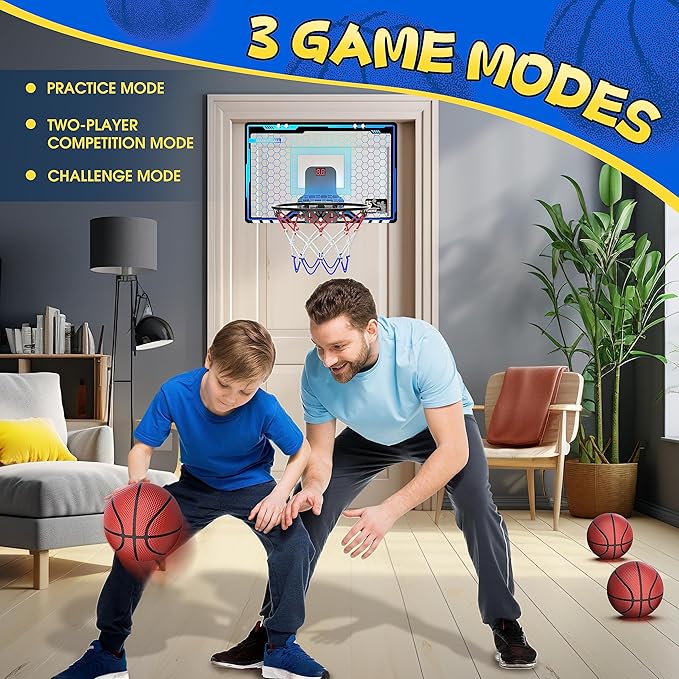 HopeRock Indoor Mini Basketball Hoop for Kids, Basketball Hoops Over The Door with LED Lighting, Mini Hoop with Scoreboard & 3 Balls, Basketball Toys Gifts for 5 6 7 8 9 10 11 12 Year Old Boys Girls-BubblyBeeBaby