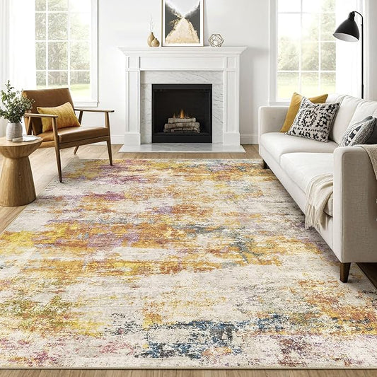 10X12 Area Rugs Living Room: Washable Large Abstract Modern Soft Stain Resistant Indoor Floor Rugs Non Slip Accent Carpet for Bedroom Nursery Playroom Office Dining Room Dorm Home House- Gold Colorful-BubblyBeeBaby