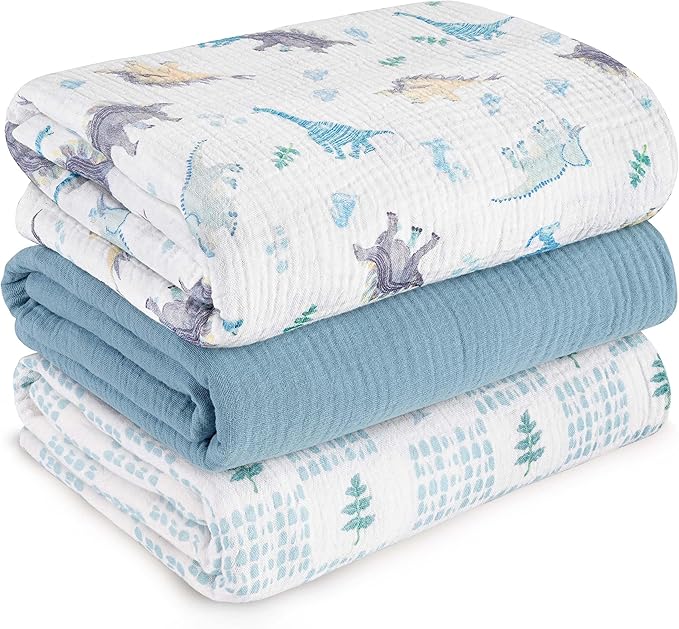 Muslin Swaddle Blankets for Newborn, 3 Pack Breathable Soft Receiving Blanket, Large 38 x 40 inches Swaddle Wrap Burping Clothes Diapers, Essentials Infant Shower Items, Toddler Gift (Blue Dinosaur)-BubblyBeeBaby