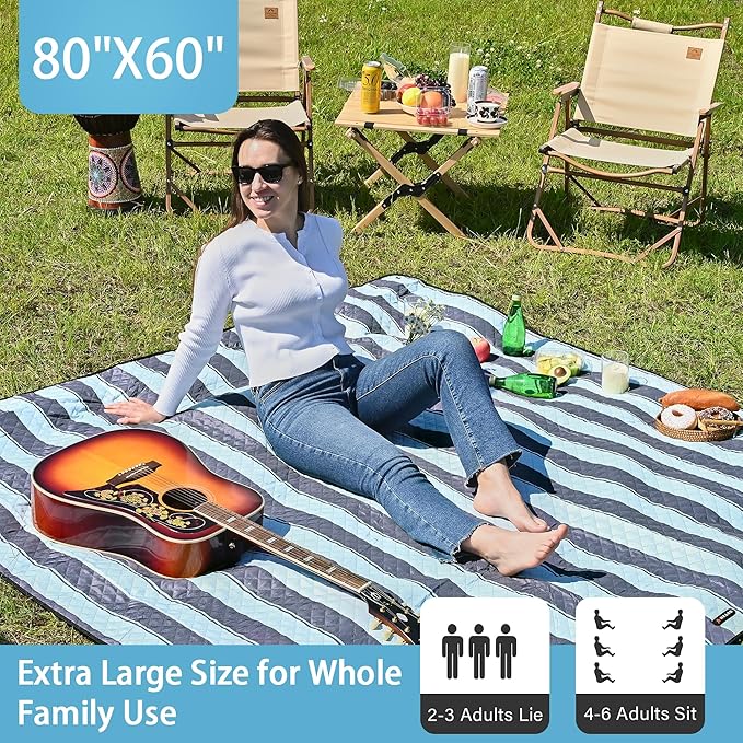 HX&OD Outdoor Picnic Blanket Extra Large, 80''*60'' Waterproof Picnic Mat with Stakes Foldable Camping Blanket Portable with Carry Strap for Beach Mat (Green& White, 80''*60'')-BubblyBeeBaby