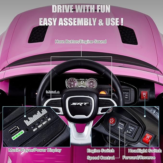 12V 7Ah Kids Electric Ride on Car, Licensed Dodge Charger SRT Hellcat, Battery Powered 4-Wheels Toy Car Electric Vehicle for Kids with Remote Control, 3 Speeds, LED Lights, Music (Pink)-BubblyBeeBaby