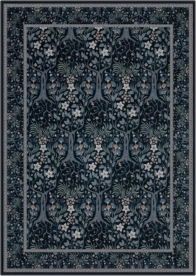 Joydeco Floral Living Room Rugs, Washable Large Bedroom Rug 8x10 Under Bed Non Slip, Soft Forest Botanical Low-Pile Floor Indoor Throw Carpet for Dining Table Home Office, Blue-Black-BubblyBeeBaby