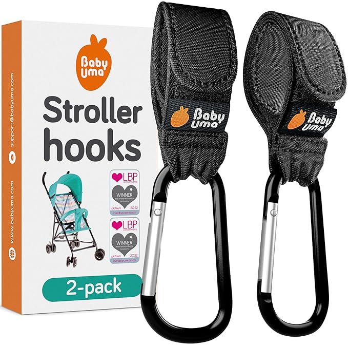 Baby Uma Stroller Hooks for Bags (2 Pack) - Universal Stroller Clips and Hooks, Non-Slip with One-Hand Opening, 11 lb Weight Capacity, Baby Travel Essential-BubblyBeeBaby