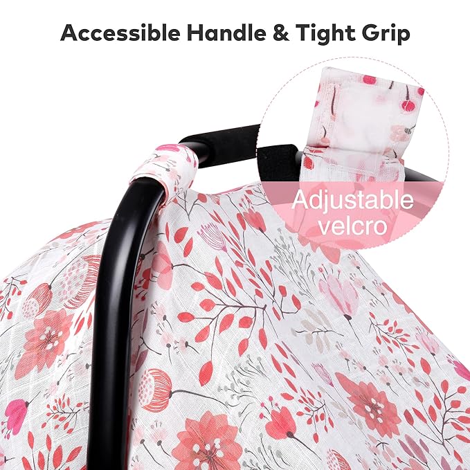 Rquite Muslin Car Seat Cover Baby, Carseat Covers Baby Girl Boy, Breathable Lightweight Infant Car Seat Cover, Baby Carrier Cover Car Seat Canopy Stroller Sun Shade for Summer & Hot Day, Universal Fit-BubblyBeeBaby
