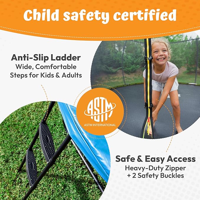 JUMPZYLLA Trampoline Outdoor 8FT 10FT 12FT 14FT 15FT 16FT with Enclosure and Ladder, ASTM Approved Recreational Trampoline for Kids and Adults, Anti-Rust Coated Frame-BubblyBeeBaby