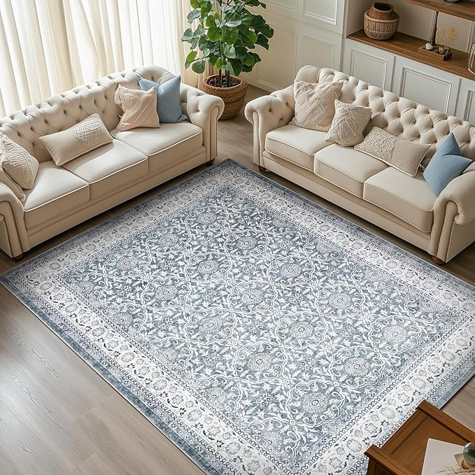 jinchan Floral 6x9 Area Rugs for Living Room - Machine Washable Vintage Distressed Boho Design Throw Rug Stain Resistant Carpet Low-Pile Thin Non-Slip for Bedroom Dining Room Nursery (6‘x9',Grey)-BubblyBeeBaby