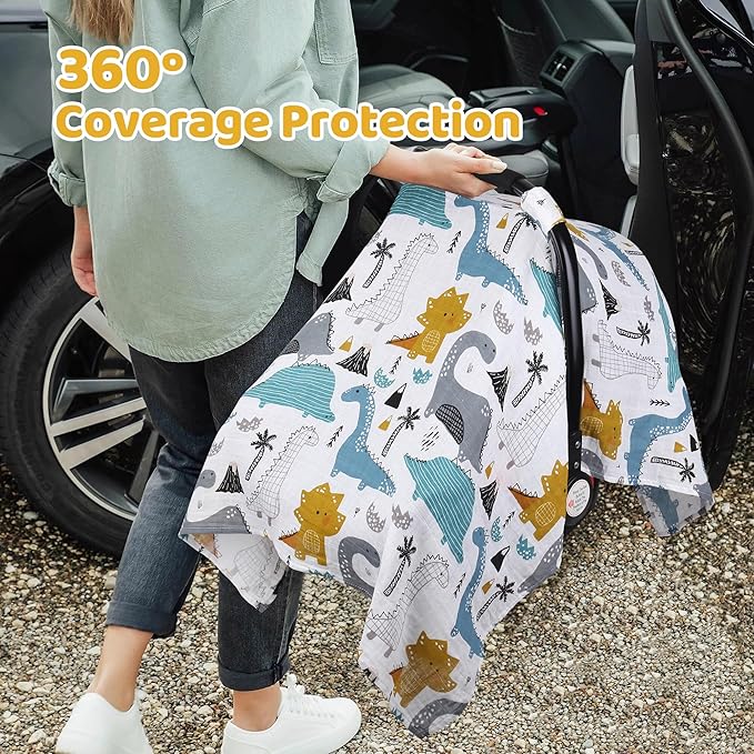 Rquite Dinosaurs Carseat Cover - Muslin Cotton Infant Car Seat Canopy, Breathable Baby Carrier Cover, Summer Stroller Sun Shade-BubblyBeeBaby