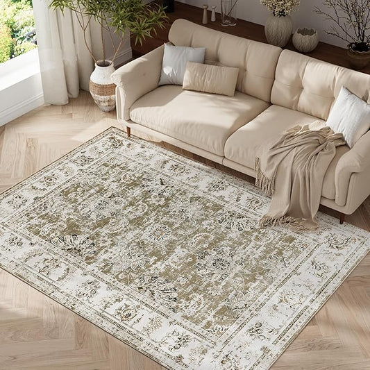 jinchan 4x6 Area Rugs for Bedroom - Machine Washable Distressed Vintage Floral Design Stain Resistant Boho Carpet Ultra-Thin Low Pile Non-Slip Rug for Living Room Dining Room Kitchen (4‘x6',Taupe)-BubblyBeeBaby