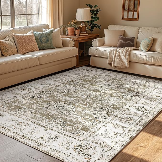 jinchan Vintage Floral 5x7 Area Rugs for Bedroom - Machine Washable Distressed Design Stain Resistant Boho Carpet Ultra-Thin Low Pile Non-Slip Rug for Living Room Dining Room Kitchen (5‘x7',Taupe)-BubblyBeeBaby