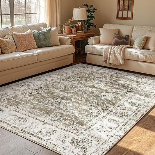 jinchan Vintage Floral 5x7 Area Rugs for Bedroom - Machine Washable Distressed Design Stain Resistant Boho Carpet Ultra-Thin Low Pile Non-Slip Rug for Living Room Dining Room Kitchen (5‘x7',Taupe)-BubblyBeeBaby