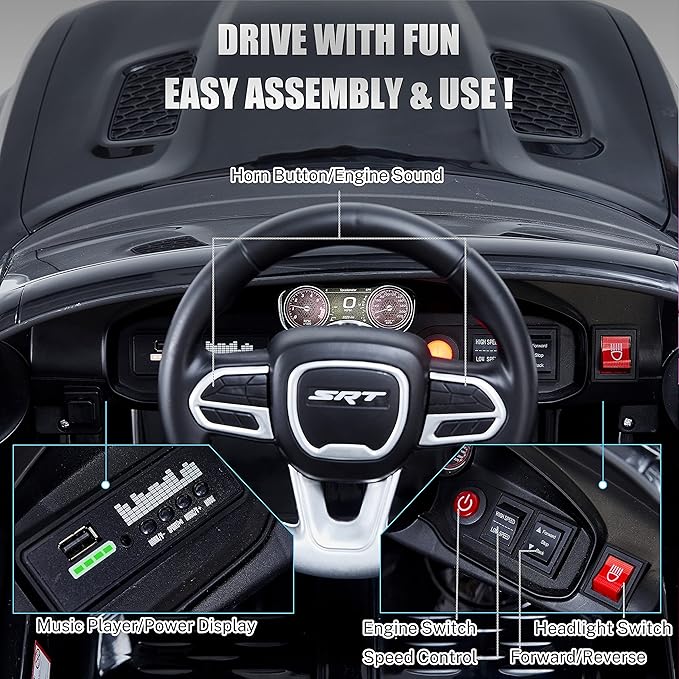 12V 7Ah Kids Electric Ride on Car, Licensed Dodge Charger SRT Hellcat, Battery Powered 4-Wheels Toy Car Electric Vehicle for Kids with Remote Control, 3 Speeds, LED Lights, Music (Black)-BubblyBeeBaby
