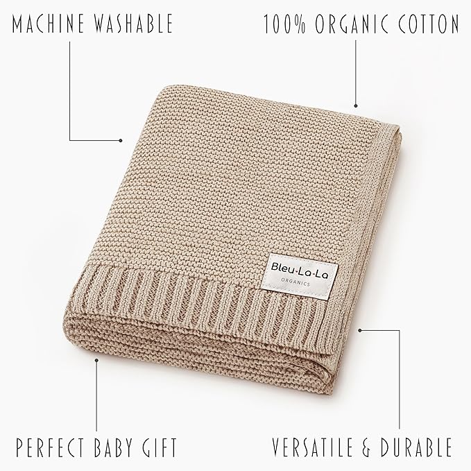 Heritage Knit Organic Cotton Baby Blanket - Soft Warm Cozy Unisex Receiving Cuddle Stroller Crib Beige Blanket for Newborns, Infants Toddler, Boys and Girls (Oatmeal, 0-2 Years)-BubblyBeeBaby