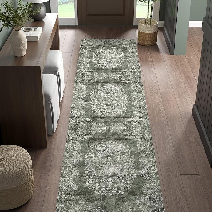 jinchan Hallway Runner Rug 2x10 Vintage Floral Distressed Design - Machine Washable Non-Slip Low-Pile Soft Thin Faux Wool Kitchen Carpet for Farmhouse Bedroom Laundry Room (2x10ft, Forest Green)-BubblyBeeBaby