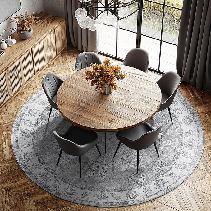 jinchan Round Rug 7ft Area Rug - Grey Vintage Floor Mat Kitchen Indoor Ultra-Thin Soft Floral Print - Washable Circle 7' Retro Accent for Farmhouse Non Slip Dining Room Living Room Bedroom Office-BubblyBeeBaby