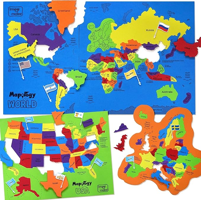 Imagimake Mapology USA & World Map Puzzle with Flags, Capitals, Stickers | Educational Toys for Ages 5-7 | Jigsaw Puzzles for Kids Ages 8-10 | Geography Toys for Ages 8-13 | 6 Year Old Boy/Girl Gifts-BubblyBeeBaby