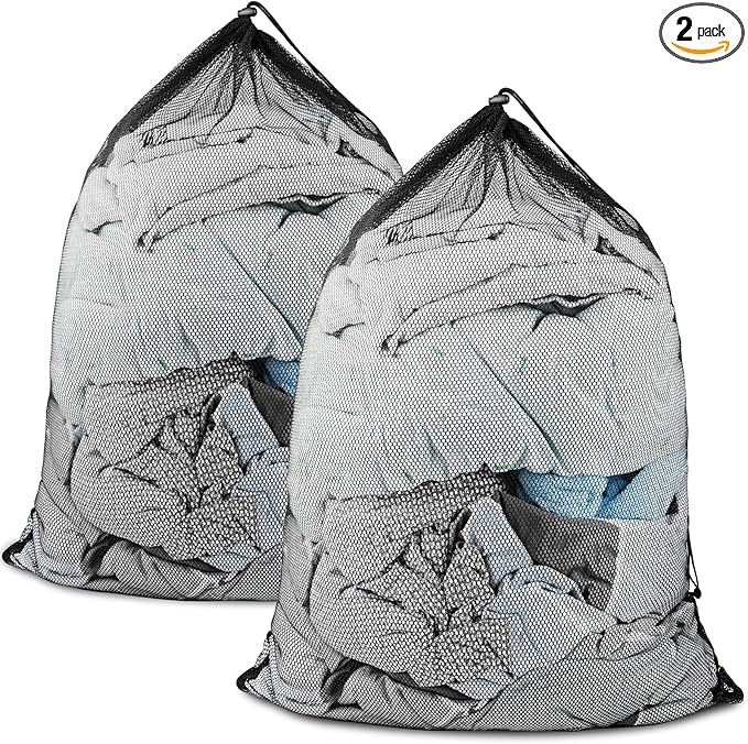 2 Pack Mesh Laundry Bags, Large Travel Laundry Washing Bags for Dirty Clothes Storage, 24" X 36" Washable Heavy Duty Laundry Net Bag With Drawstring for College Dorm, Hamper, Room, Laundromat (Black)-BubblyBeeBaby