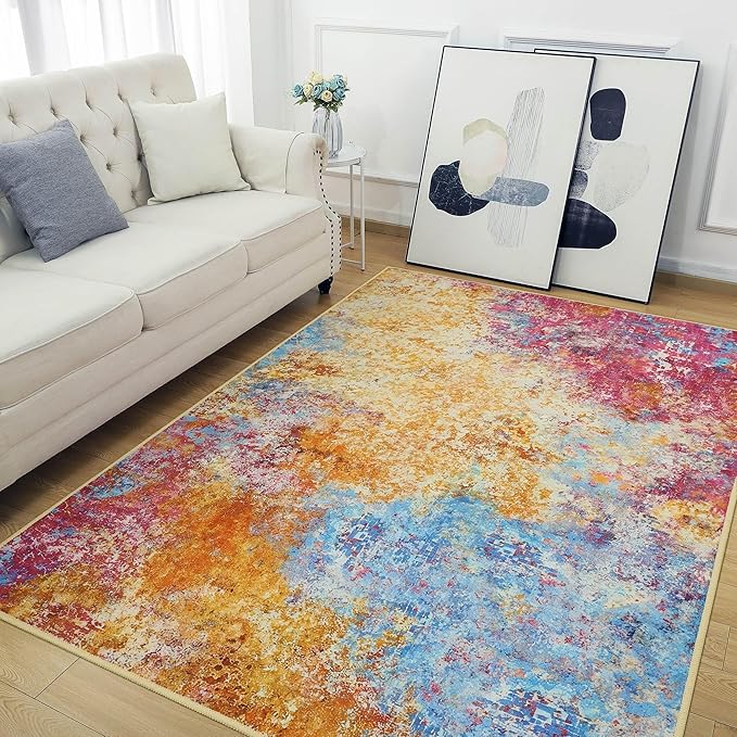 Kelarea Living Room Rug, 5x7 Modern Abstract Washable Rugs, Colorful Non Slip Low Pile Carpet, Stain Resistant Rugs for Bedroom, Dining Room, Nursery, Home Office-BubblyBeeBaby