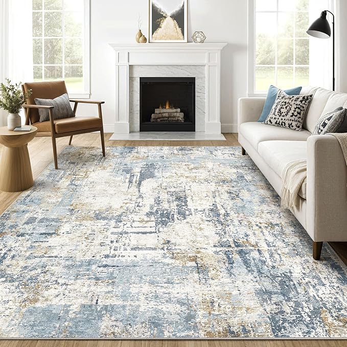 10x12 Area Rug Living Room: Washable Large Abstract Modern Soft Rugs Stain Resistant Indoor Floor Non Slip Accent Carpet for Bedroom Nursery Playroom Office Dining Room Dorm Home House- Light Blue-BubblyBeeBaby