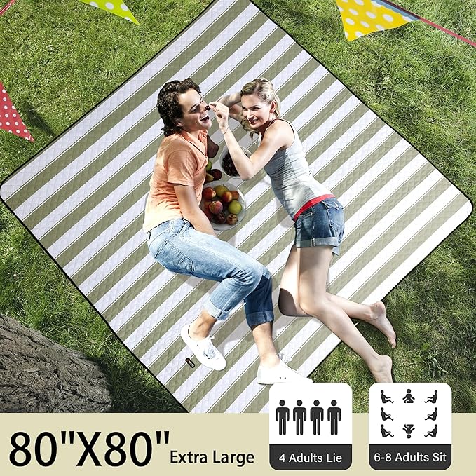 HX&OD Outdoor Picnic Blanket Extra Large, 80”x80” Waterproof Picnic Mat Foldable Camping Blanket Portable with Carry Strap for Beach Mat (Green)-BubblyBeeBaby